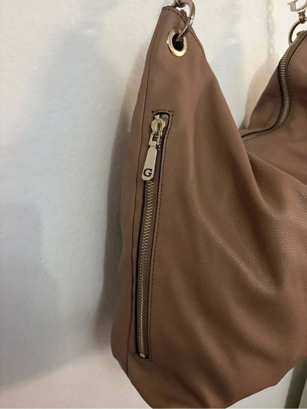 Guess Tan Pebbled Shoulder Hobo Bag with Silver Hardware